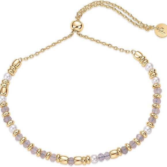 14K Yellow Gold Plated Gemstone Beaded Bracelets for Women - Adjustable Slider D - Picture 1 of 4